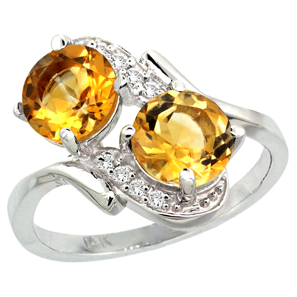 14k White Gold Diamond Natural Citrine Mother's Ring Round 7mm, 3/4 inch wide, sizes 5 - 10