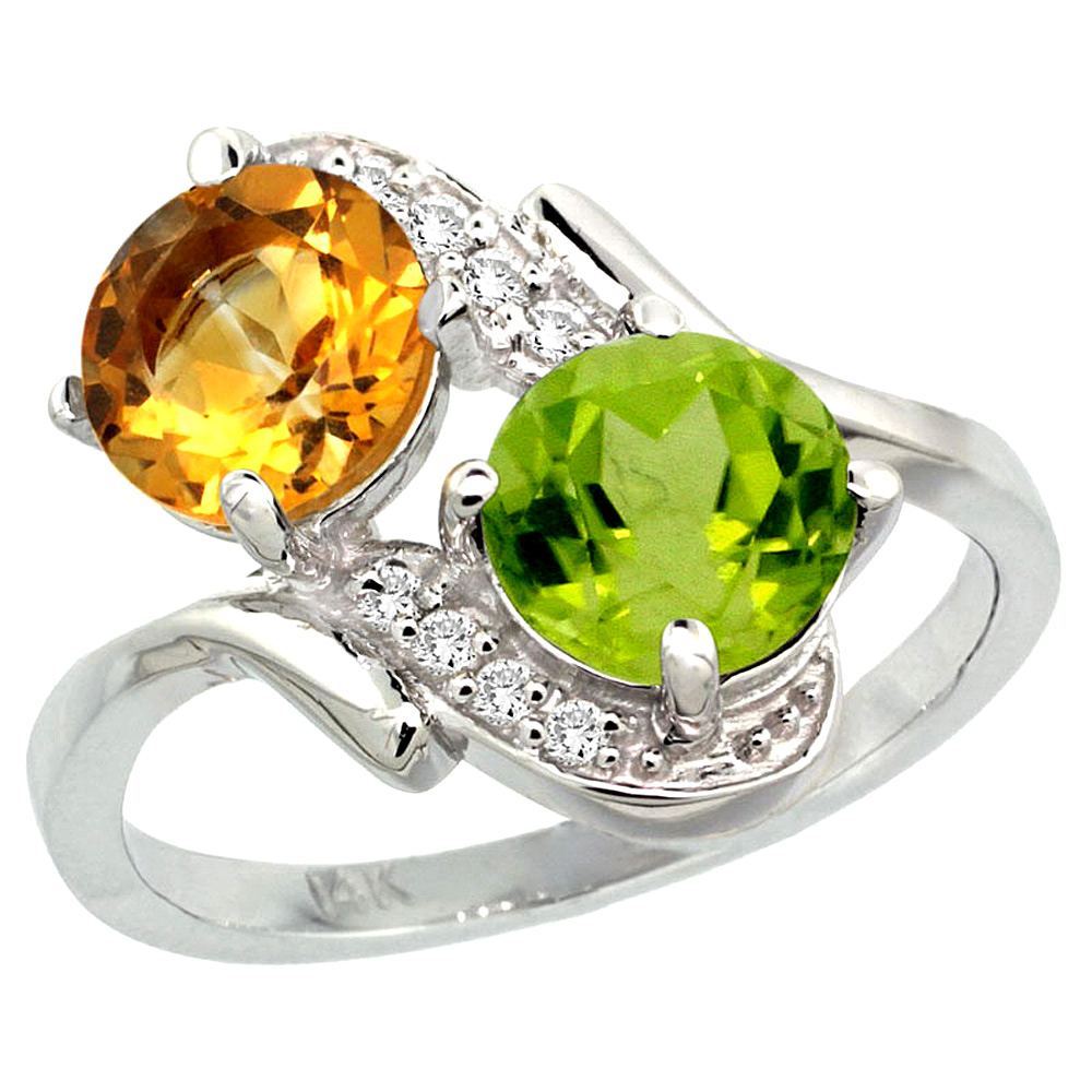 14k White Gold Diamond Natural Citrine & Peridot Mother's Ring Round 7mm, 3/4 inch wide, sizes 5 - 10