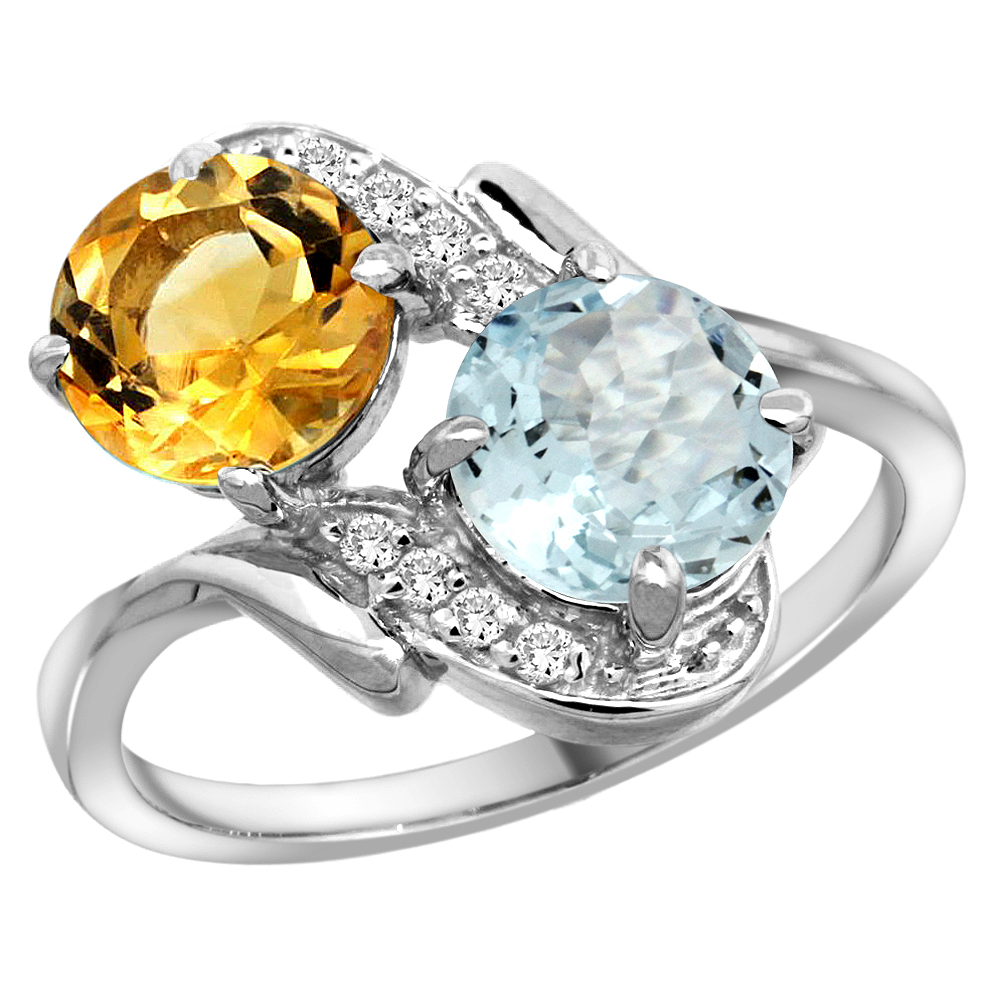 14k White Gold Diamond Natural Citrine & Aquamarine Mother's Ring Round 7mm, 3/4 inch wide, sizes 5 - 10