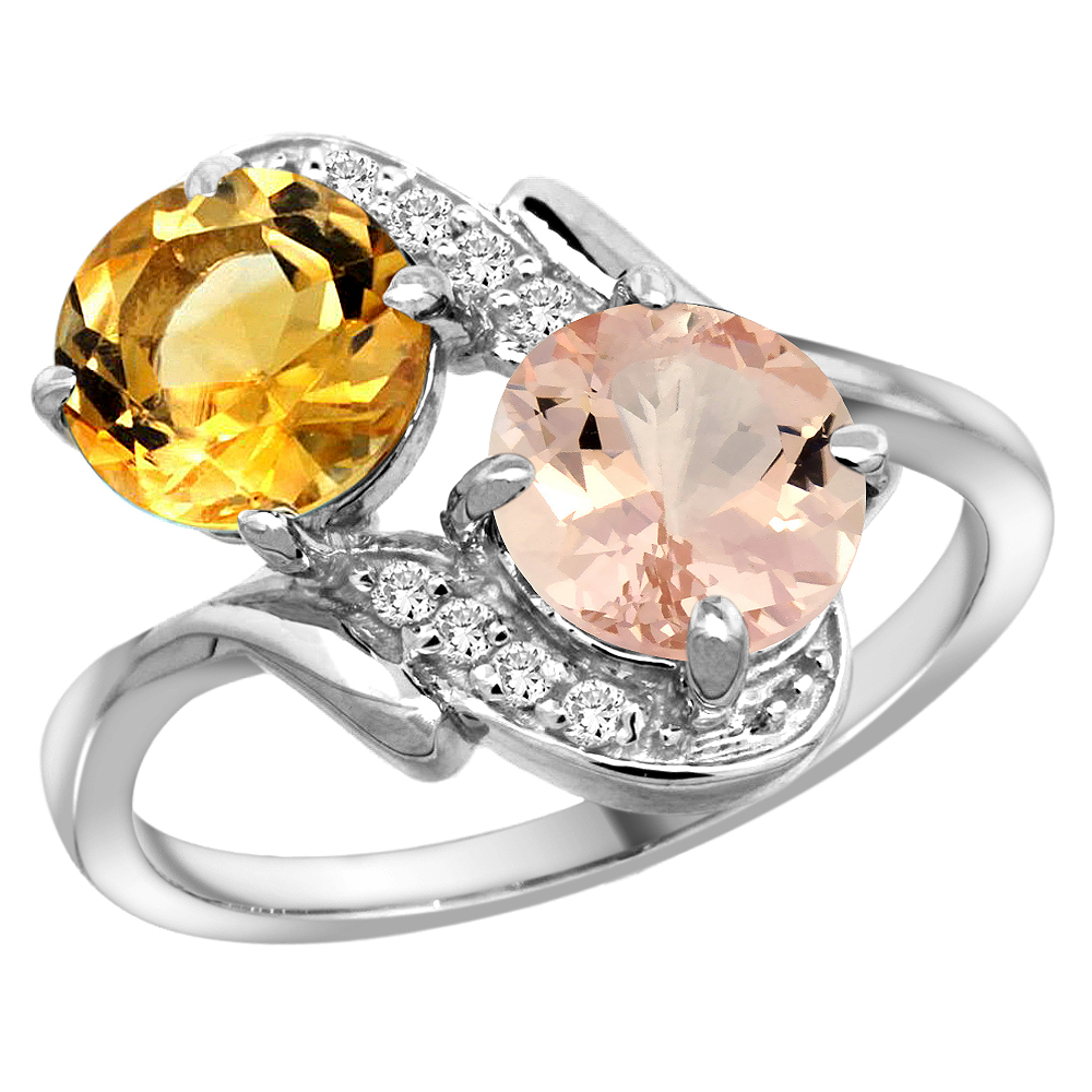 10K White Gold Diamond Natural Citrine &amp; Morganite Mother&#039;s Ring Round 7mm, 3/4 inch wide, sizes 5 - 10