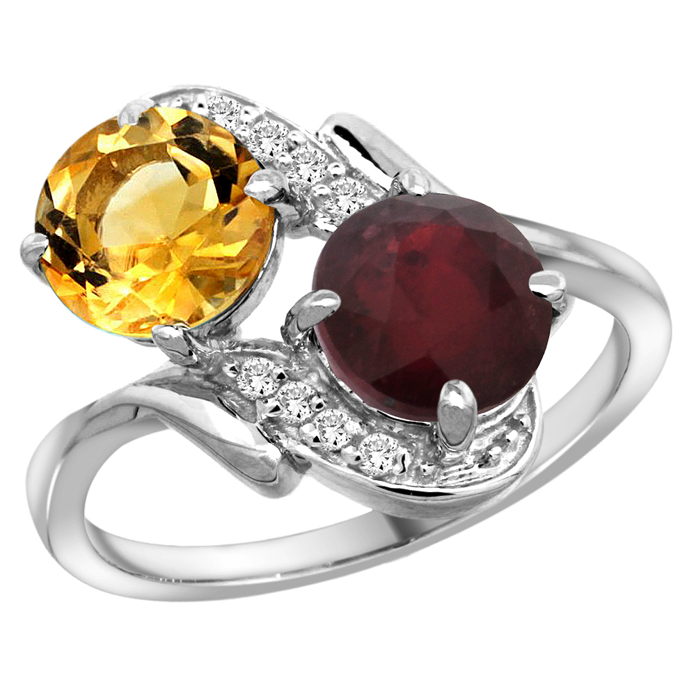 10K White Gold Diamond Natural Citrine &amp; Enhanced Genuine Ruby Mother&#039;s Ring Round 7mm, 3/4 inch wide, sizes 5 - 10
