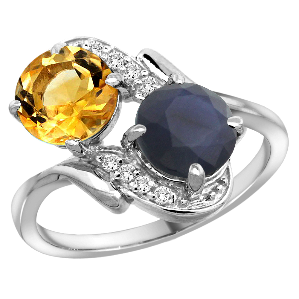 14k White Gold Diamond Natural Citrine &amp; Quality Blue Sapphire 2-stone Mothers Ring Round 7mm, size 5-10