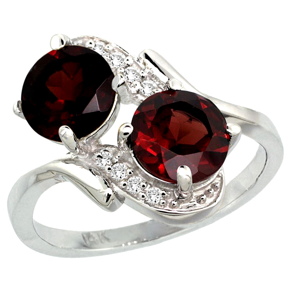 14k White Gold Diamond Natural Garnet Mother&#039;s Ring Round 7mm, 3/4 inch wide, sizes 5 - 10