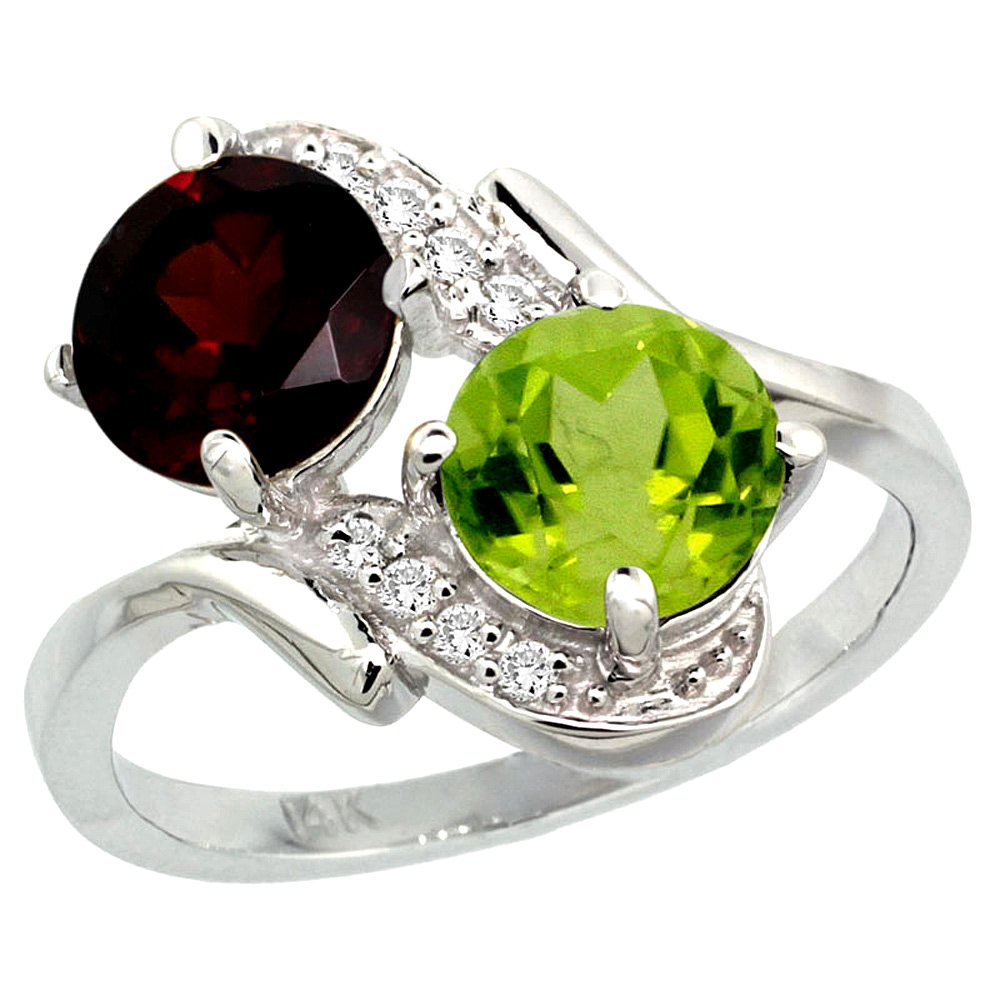 14k White Gold Diamond Natural Garnet & Peridot Mother's Ring Round 7mm, 3/4 inch wide, sizes 5 - 10
