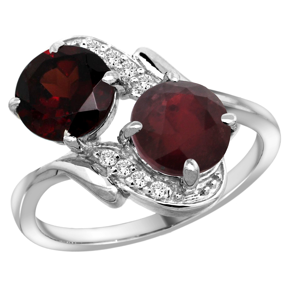 14k White Gold Diamond Natural Garnet & Enhanced Genuine Ruby Mother's Ring Round 7mm, 3/4 inch wide, sizes 5 - 10