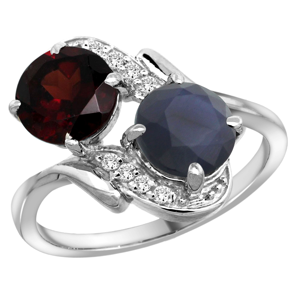 14k White Gold Diamond Natural Garnet &amp; Quality Blue Sapphire 2-stone Mothers Ring Round 7mm, size 5 - 10
