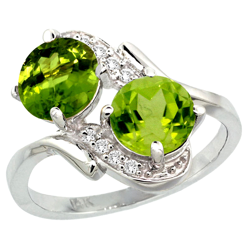 14k White Gold Diamond Natural Peridot Mother&#039;s Ring Round 7mm, 3/4 inch wide, sizes 5 - 10