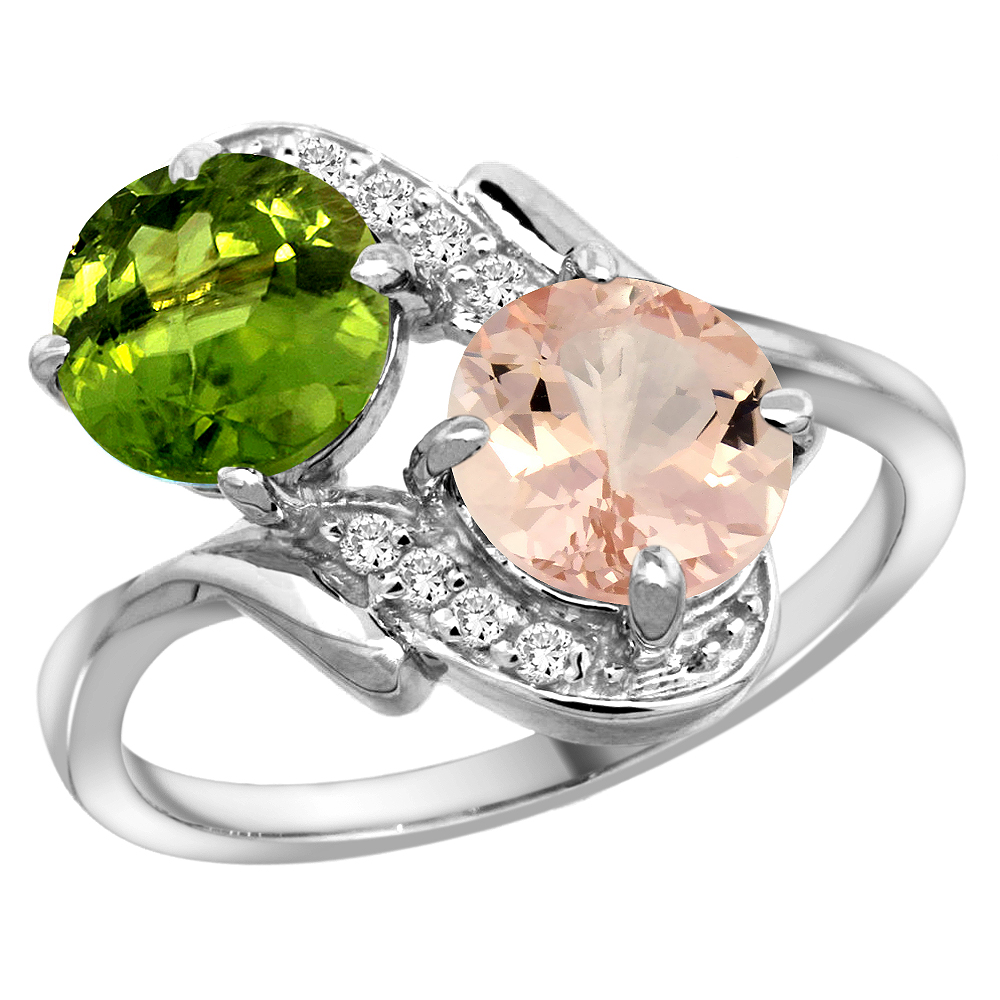 10K White Gold Diamond Natural Peridot & Morganite Mother's Ring Round 7mm, 3/4 inch wide, sizes 5 - 10
