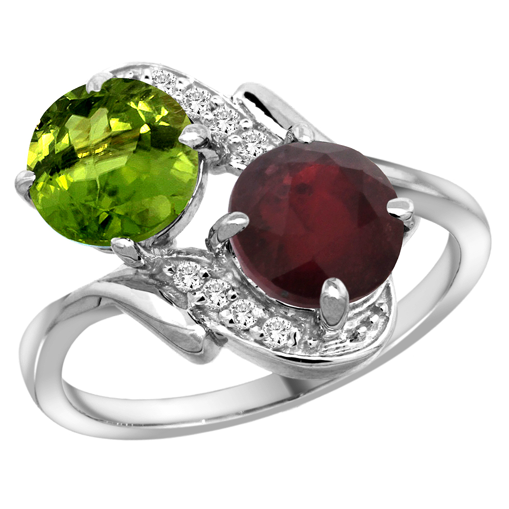 10K White Gold Diamond Natural Peridot &amp; Enhanced Genuine Ruby Mother&#039;s Ring Round 7mm, 3/4 inch wide, sizes 5 - 10