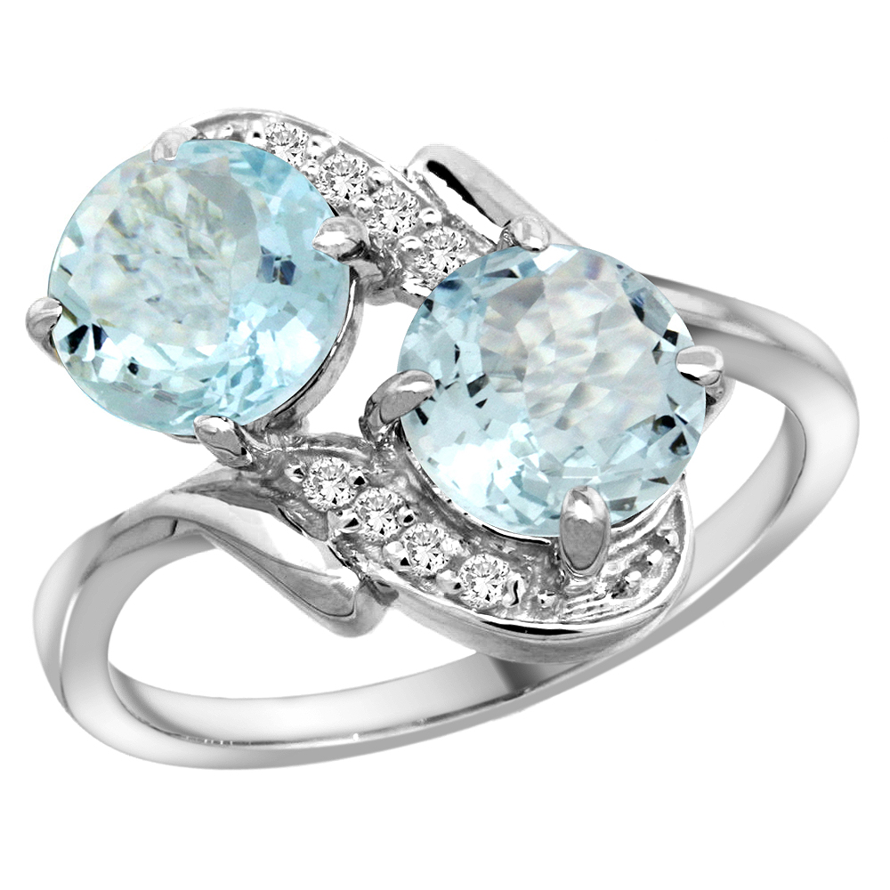 14k White Gold Diamond Natural Aquamarine Mother's Ring Round 7mm, 3/4 inch wide, sizes 5 - 10