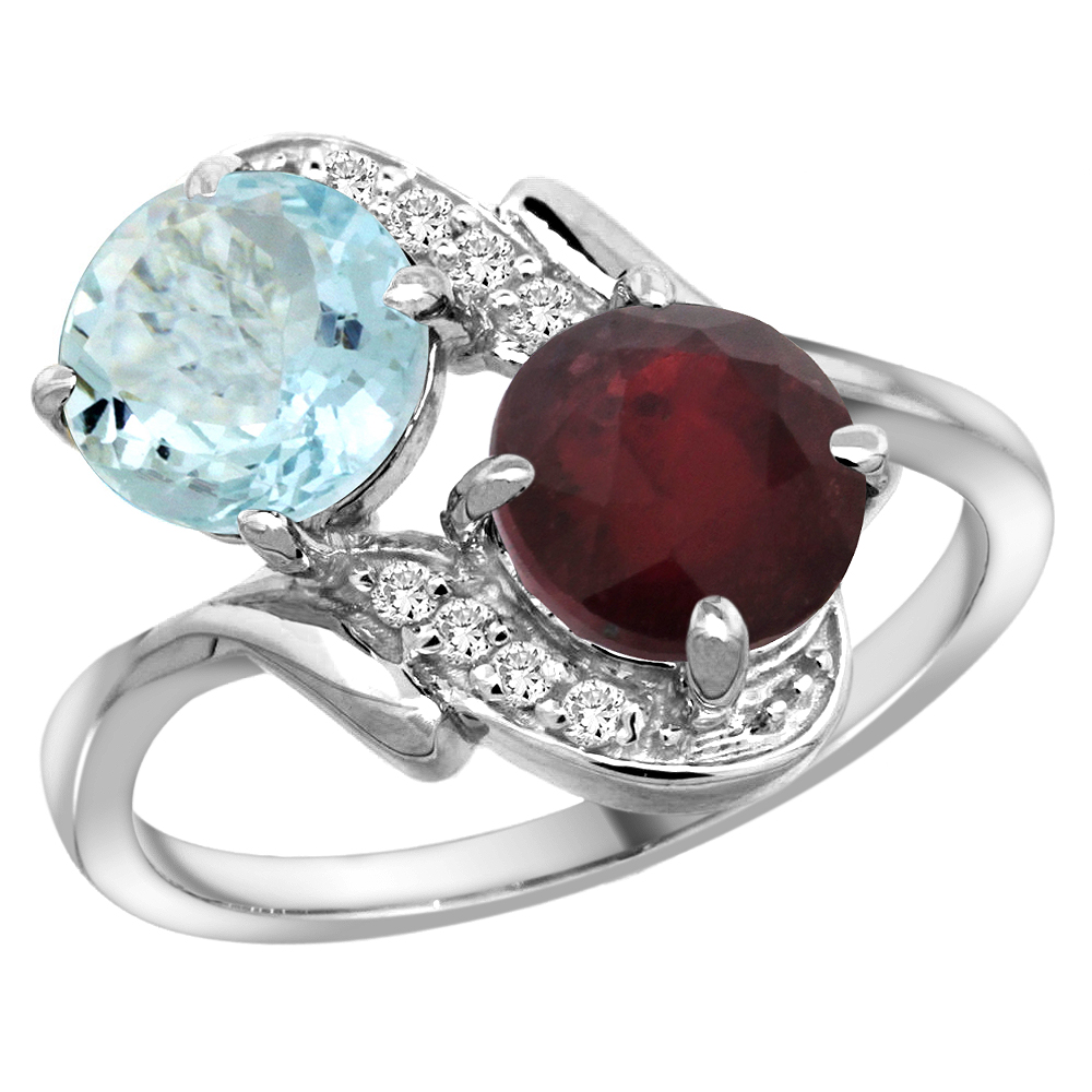 14k White Gold Diamond Natural Aquamarine & Enhanced Genuine Ruby Mother's Ring Round 7mm, 3/4 inch wide, sizes 5 - 10