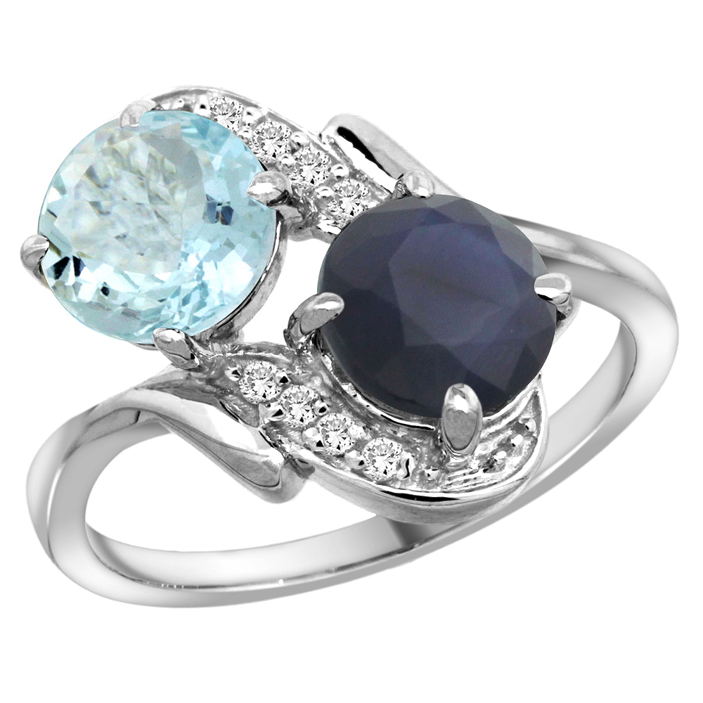 14k White Gold Diamond Natural Aquamarine &amp; Quality Blue Sapphire 2-stone Mothers Ring Round 7mm,size5-10