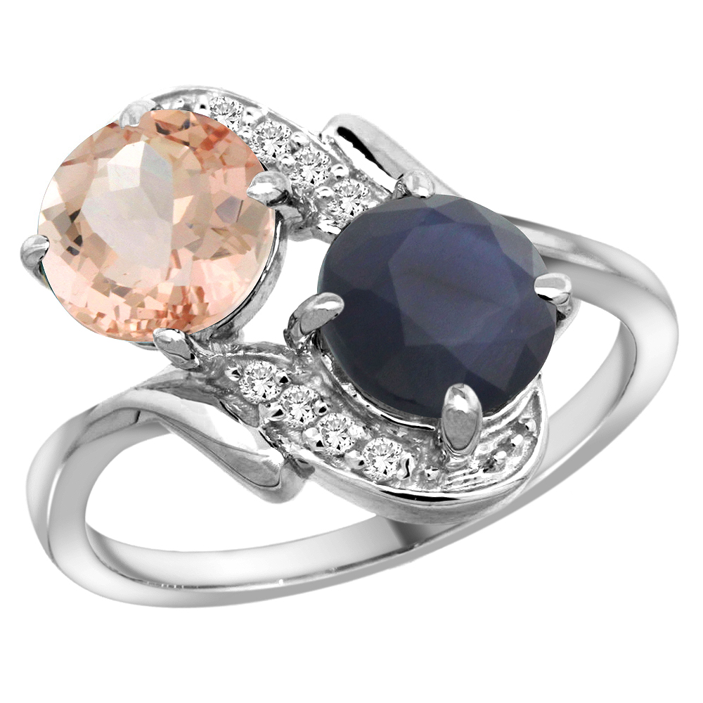 14k White Gold Diamond Natural Morganite &amp; Quality Blue Sapphire 2-stone Mothers Ring Round 7mm, size5-10