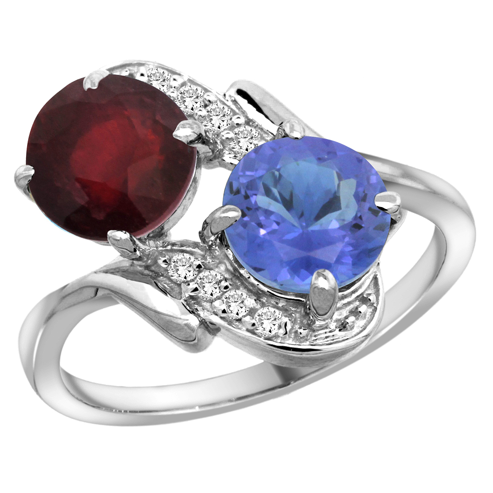 14k White Gold Diamond Enhanced Genuine Ruby &amp; Natural Tanzanite Mother&#039;s Ring Round 7mm, 3/4 inch wide, sizes 5 - 10