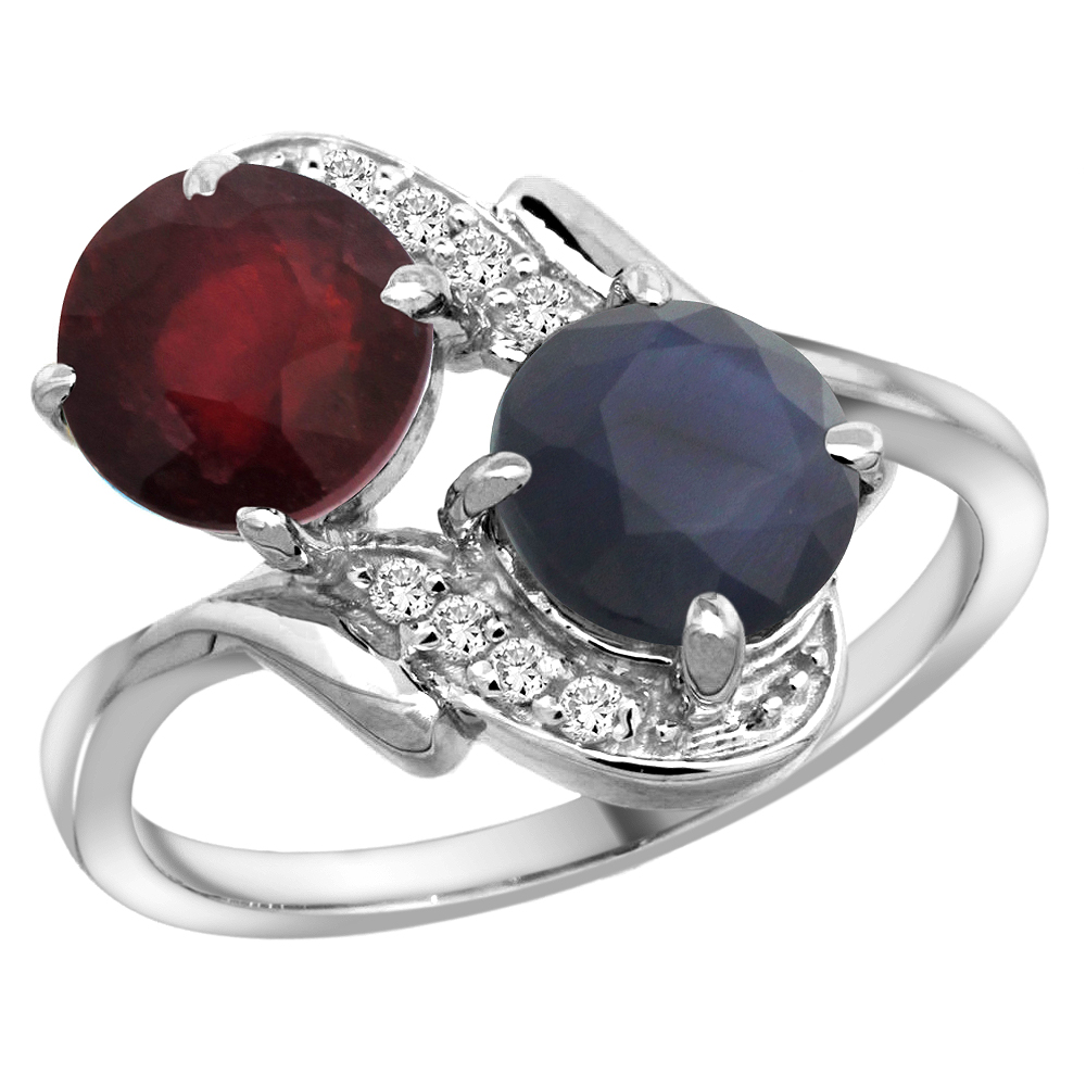 14k White Gold Diamond Enhanced Genuine Ruby &amp; Natural Quality Blue Sapphire 2-stone Ring Round7mm,sz5-10