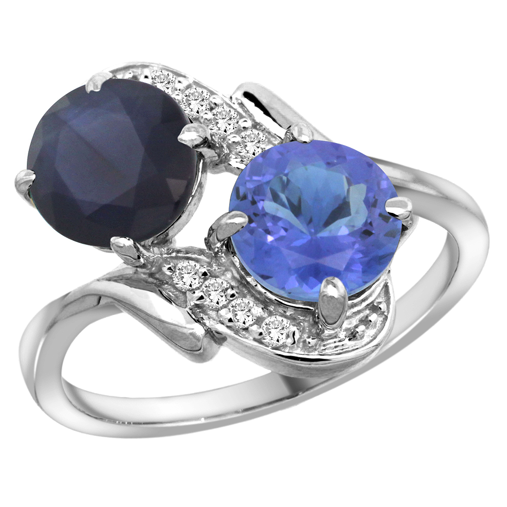 14k White Gold Diamond Natural Quality Blue Sapphire &amp; Tanzanite 2-stone Mothers Ring Round 7mm,size 5-10