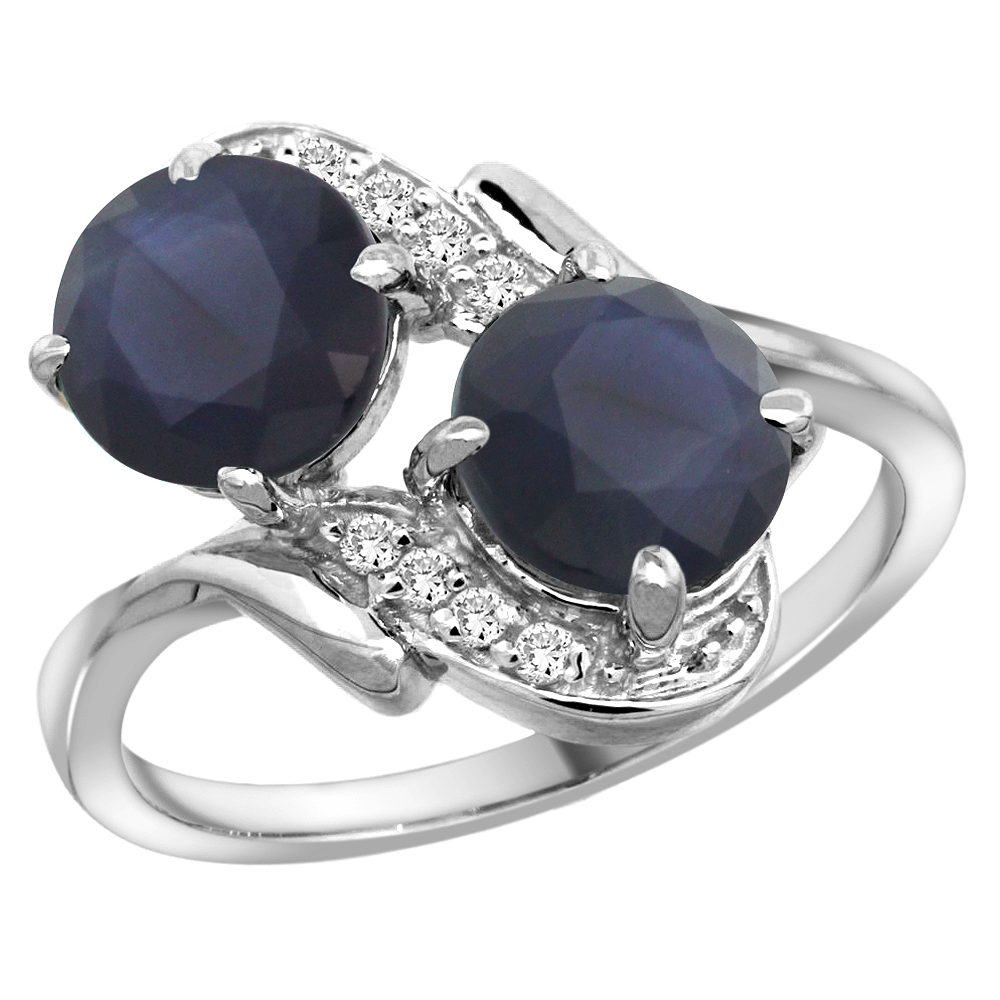 14k White Gold Diamond Natural Quality Blue Sapphire 2-stone Mothers Ring Round 7mm, size 5 - 10