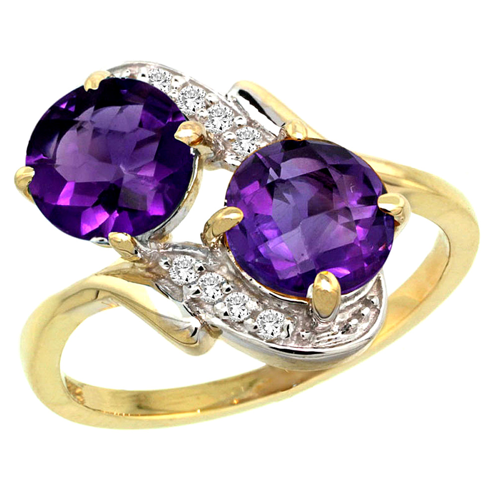 10K Yellow Gold Diamond Natural Amethyst Mother's Ring Round 7mm, 3/4 inch wide, sizes 5 - 10
