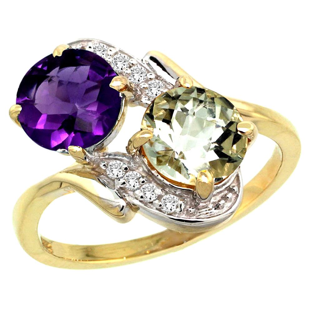 10K Yellow Gold Diamond Natural Purple & Green Amethyst Mother's Ring Round 7mm, 3/4 inch wide, sizes 5 - 10
