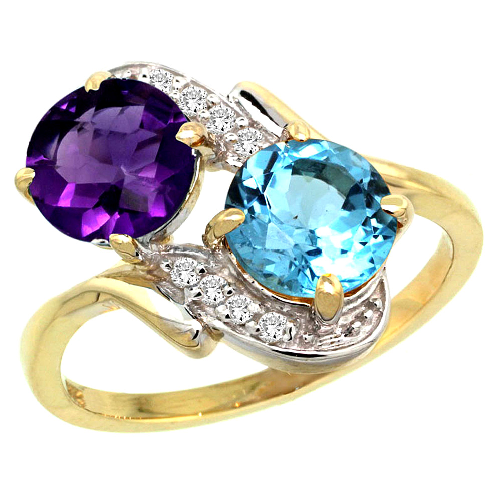 10K Yellow Gold Diamond Natural Amethyst &amp; Swiss Blue Topaz Mother&#039;s Ring Round 7mm, 3/4 inch wide, sizes 5 - 10