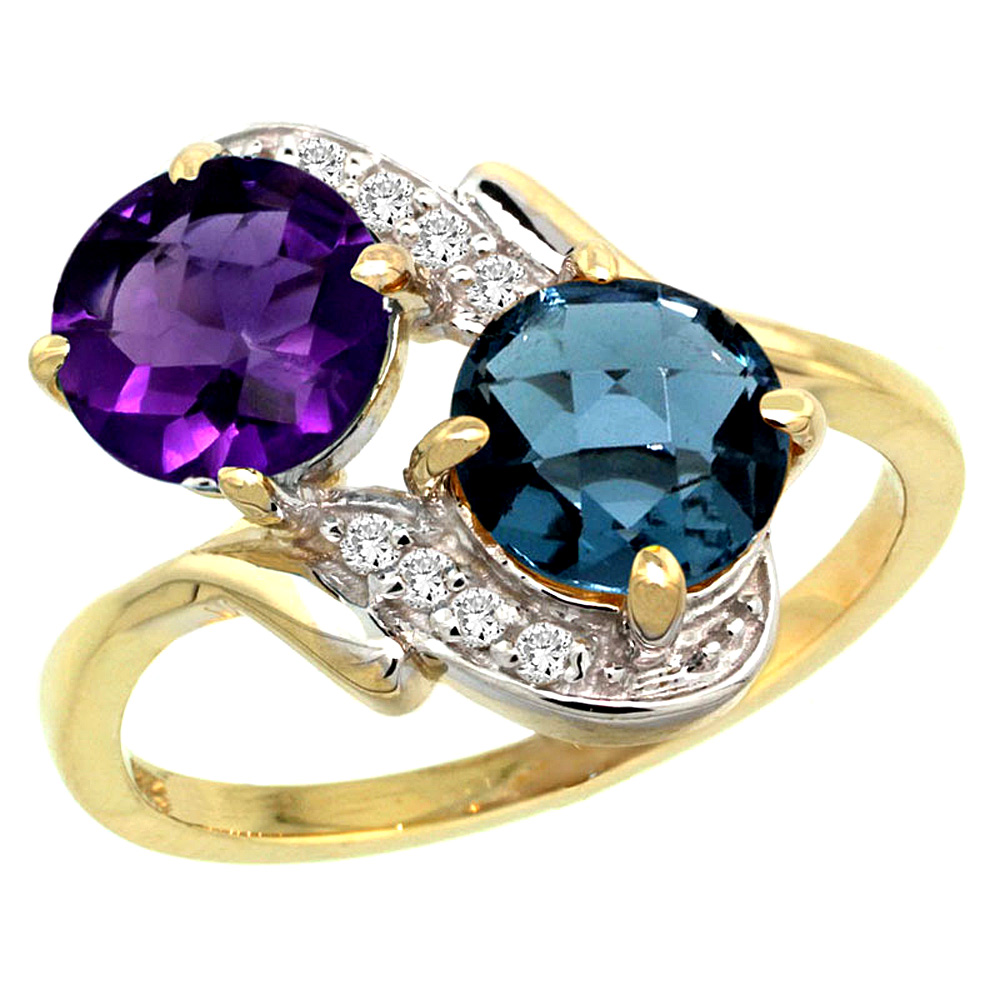 10K Yellow Gold Diamond Natural Amethyst &amp; London Blue Topaz Mother&#039;s Ring Round 7mm, 3/4 inch wide, sizes 5 - 10