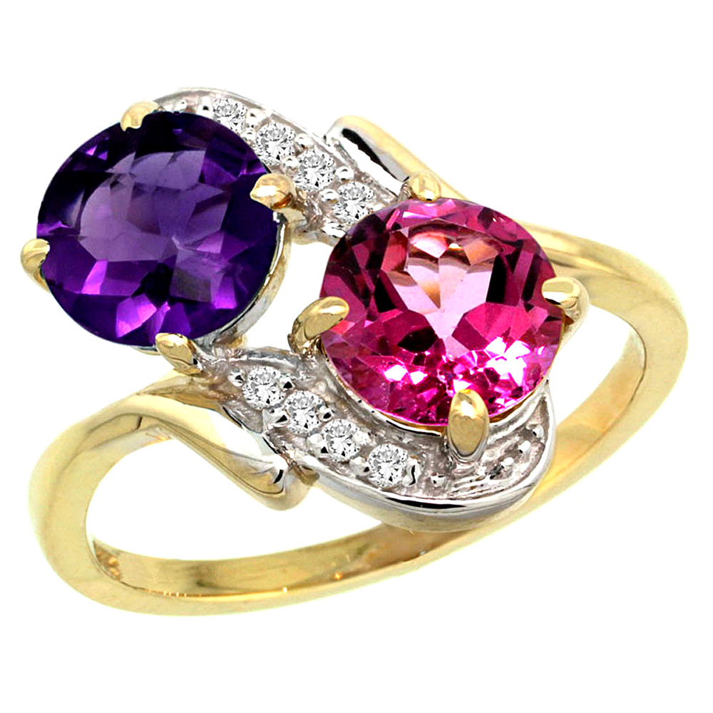10K Yellow Gold Diamond Natural Amethyst & Pink Topaz Mother's Ring Round 7mm, 3/4 inch wide, sizes 5 - 10