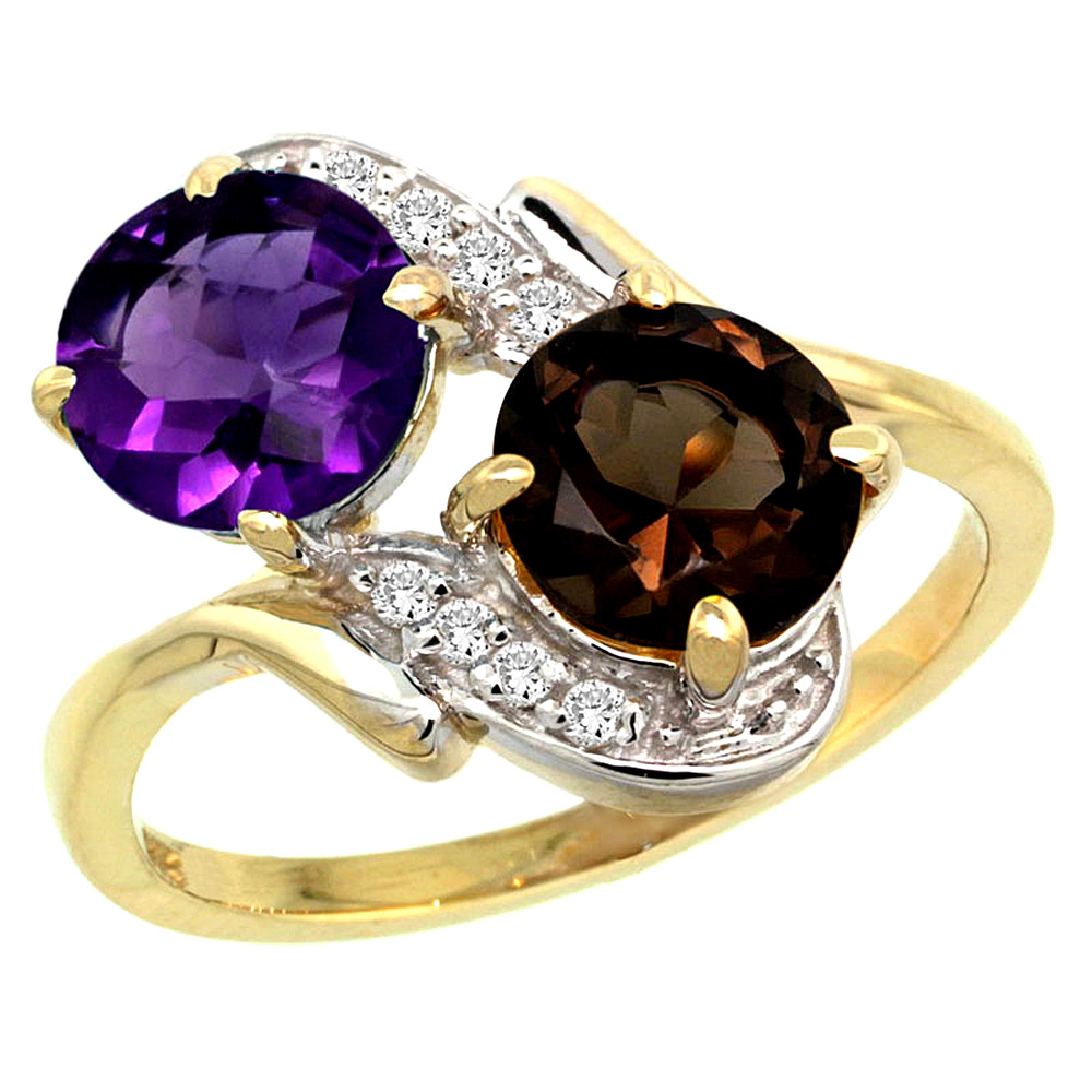 10K Yellow Gold Diamond Natural Amethyst &amp; Smoky Topaz Mother&#039;s Ring Round 7mm, 3/4 inch wide, sizes 5 - 10