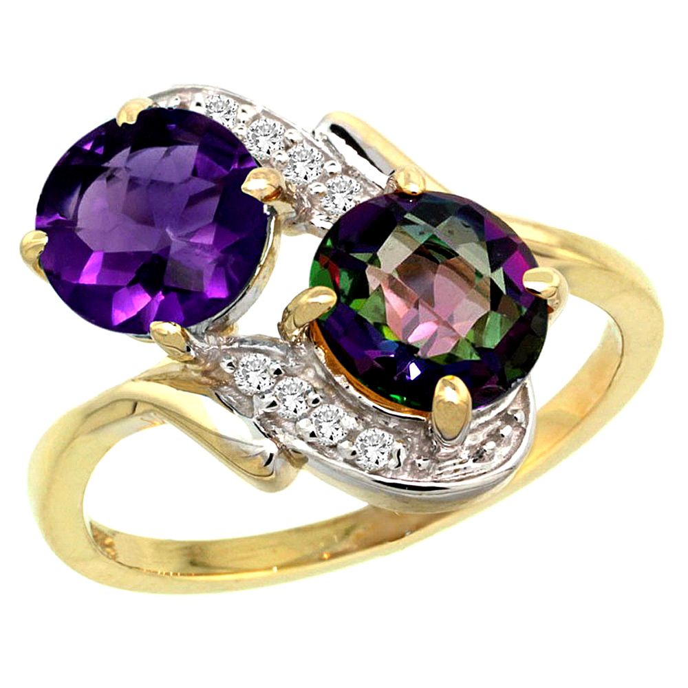 14k Yellow Gold Diamond Natural Amethyst &amp; Mystic Topaz Mother&#039;s Ring Round 7mm, 3/4 inch wide, sizes 5 - 10