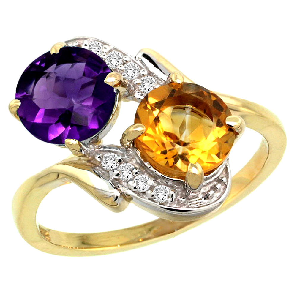 14k Yellow Gold Diamond Natural Amethyst & Citrine Mother's Ring Round 7mm, 3/4 inch wide, sizes 5 - 10