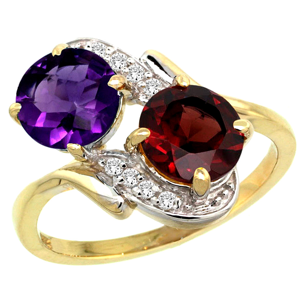 10K Yellow Gold Diamond Natural Amethyst & Garnet Mother's Ring Round 7mm, 3/4 inch wide, sizes 5 - 10
