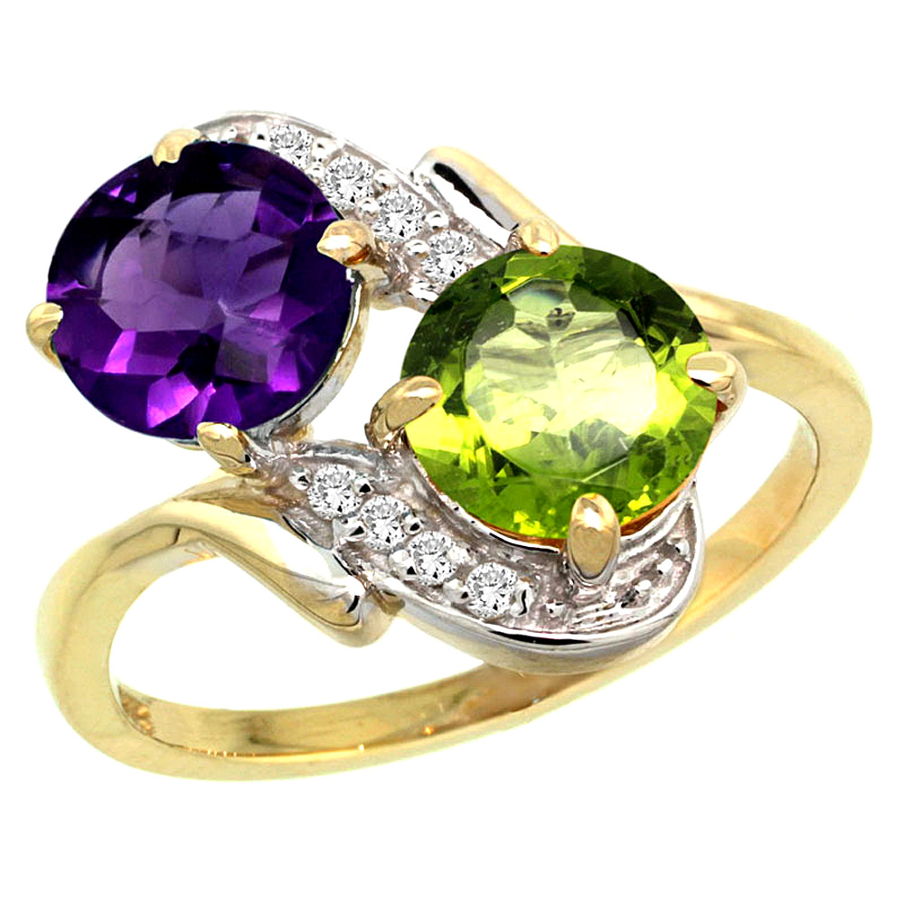 10K Yellow Gold Diamond Natural Amethyst & Peridot Mother's Ring Round 7mm, 3/4 inch wide, sizes 5 - 10