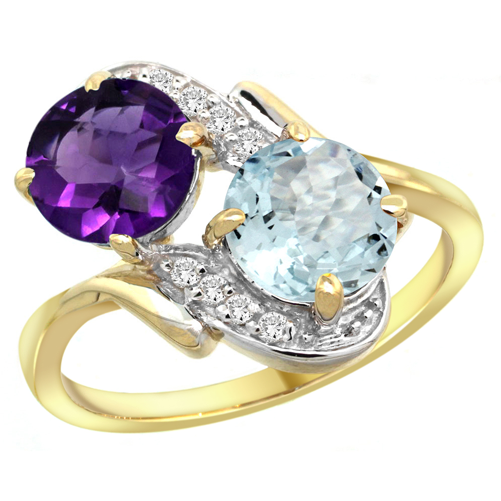 14k Yellow Gold Diamond Natural Amethyst & Aquamarine Mother's Ring Round 7mm, 3/4 inch wide, sizes 5 - 10