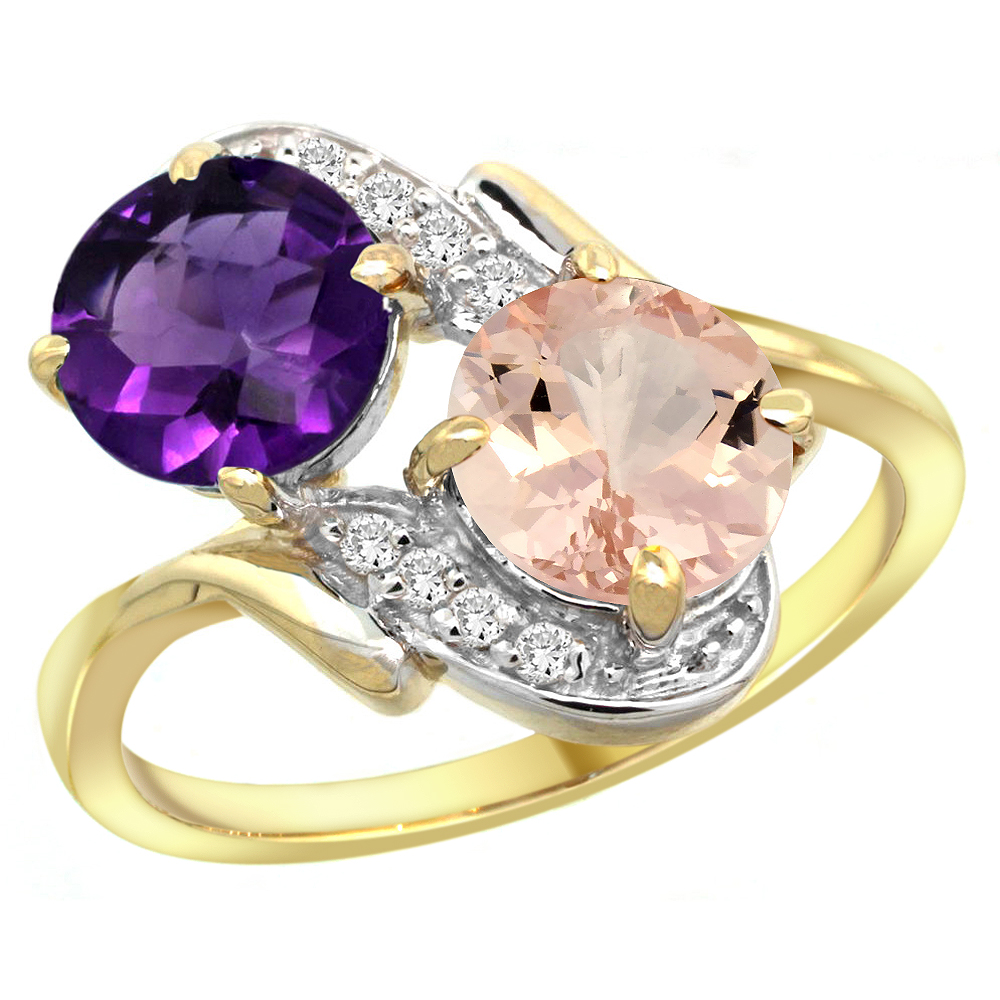14k Yellow Gold Diamond Natural Amethyst & Morganite Mother's Ring Round 7mm, 3/4 inch wide, sizes 5 - 10