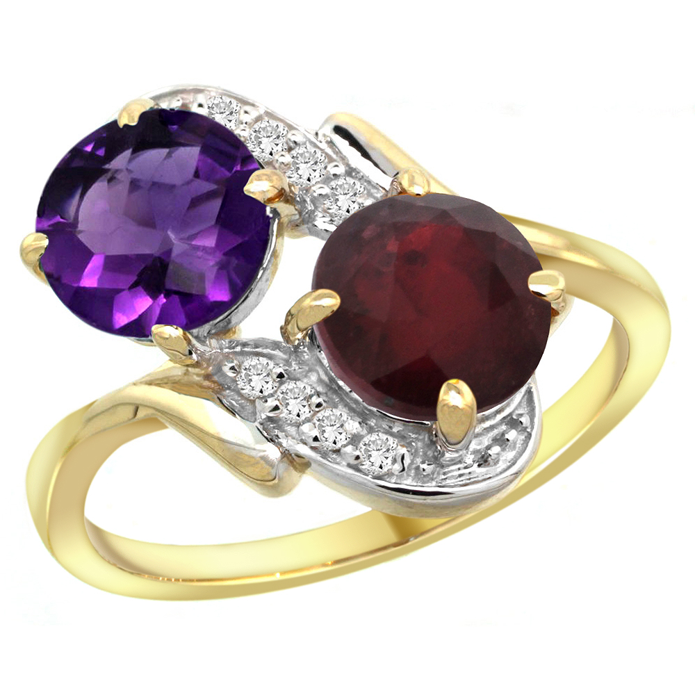 14k Yellow Gold Diamond Natural Amethyst &amp; Enhanced Genuine Ruby Mother&#039;s Ring Round 7mm, 3/4 inch wide, sizes 5 - 10
