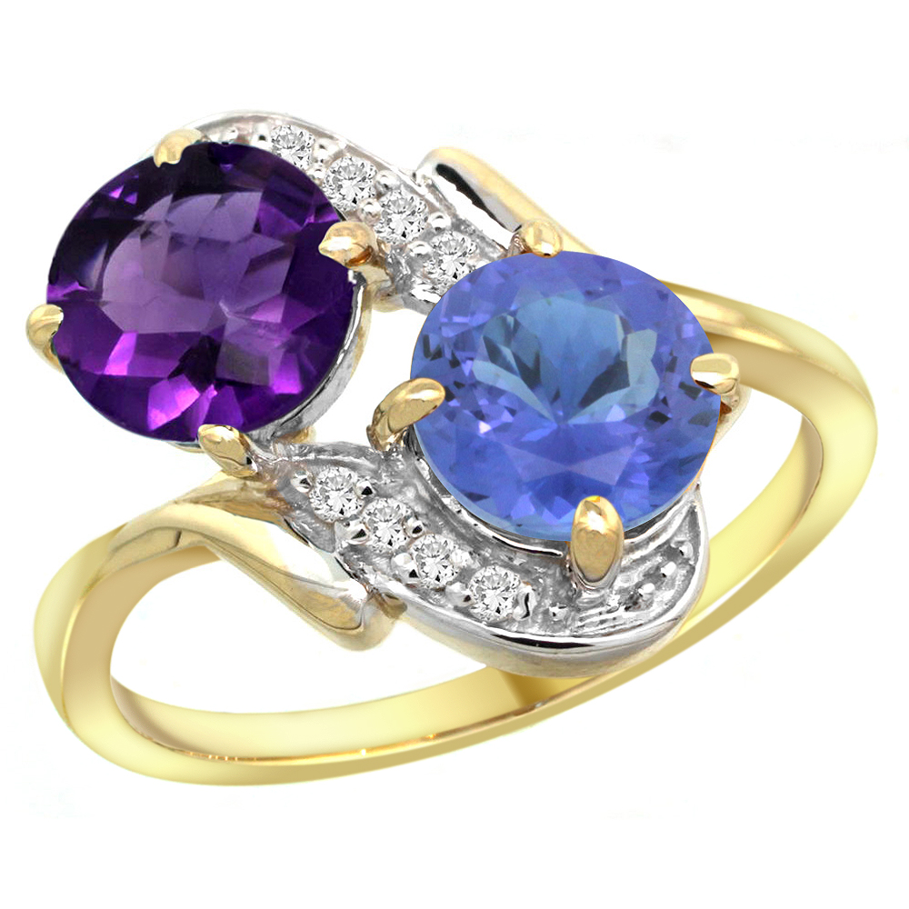 10K Yellow Gold Diamond Natural Amethyst & Tanzanite Mother's Ring Round 7mm, 3/4 inch wide, sizes 5 - 10