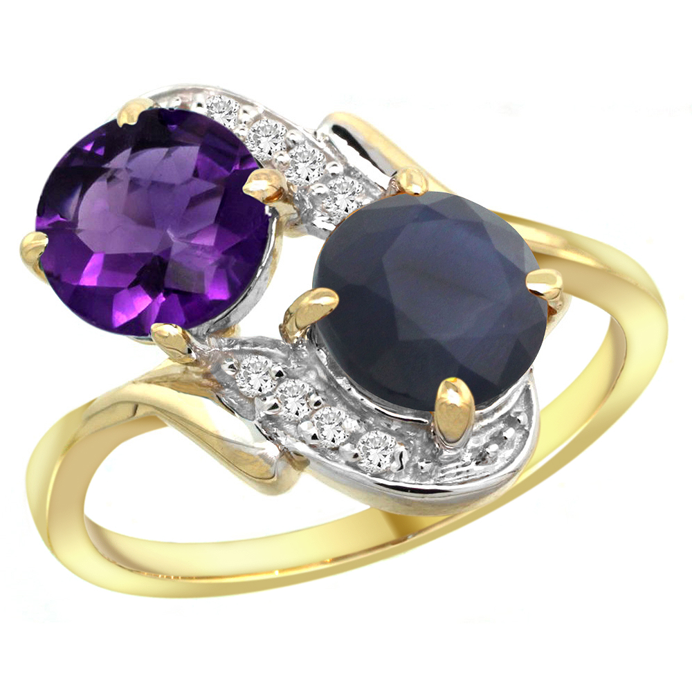 14k Yellow Gold Diamond Natural Amethyst &amp; Quality Blue Sapphire 2-stone Mothers Ring Round 7mm,size 5-10