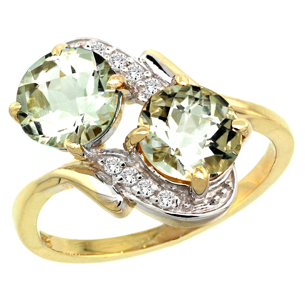 10K Yellow Gold Diamond Natural Green Amethyst Mother's Ring Round 7mm, 3/4 inch wide, sizes 5 - 10