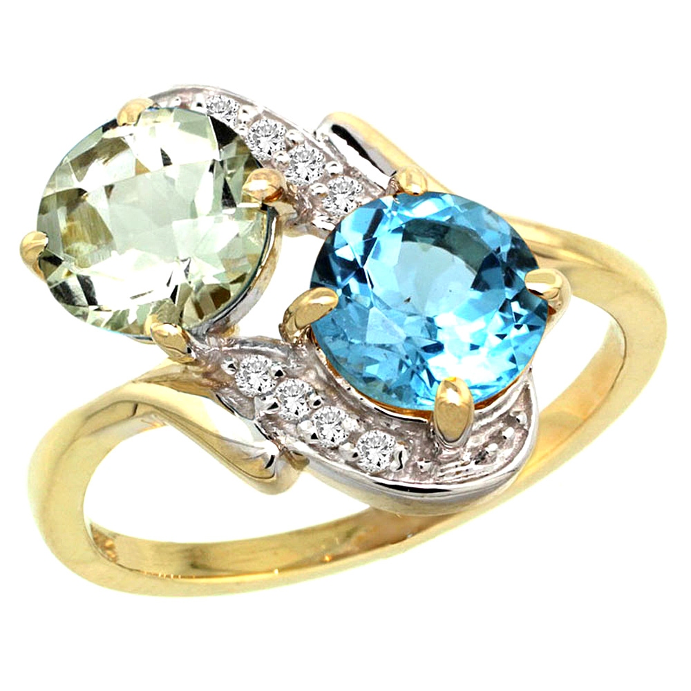 14k Yellow Gold Diamond Natural Green Amethyst &amp; Swiss Blue Topaz Mother&#039;s Ring Round 7mm, 3/4 inch wide, sizes 5 - 10