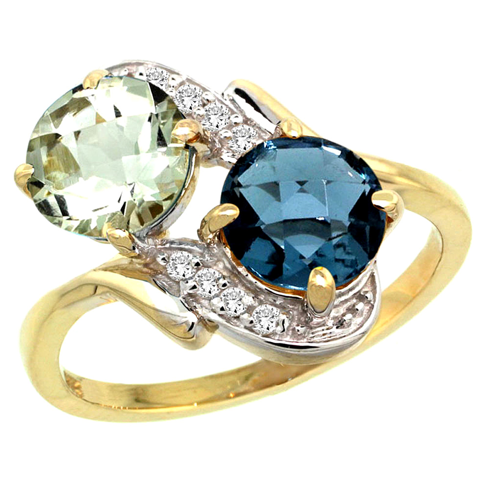 14k Yellow Gold Diamond Natural Green Amethyst &amp; London Blue Topaz Mother&#039;s Ring Round 7mm, 3/4 inch wide, sizes 5 - 10