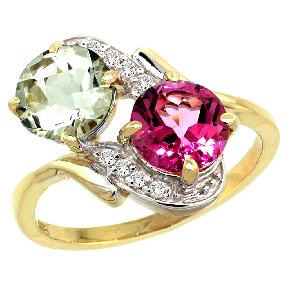 10K Yellow Gold Diamond Natural Green Amethyst &amp; Pink Topaz Mother&#039;s Ring Round 7mm, 3/4 inch wide, sizes 5 - 10