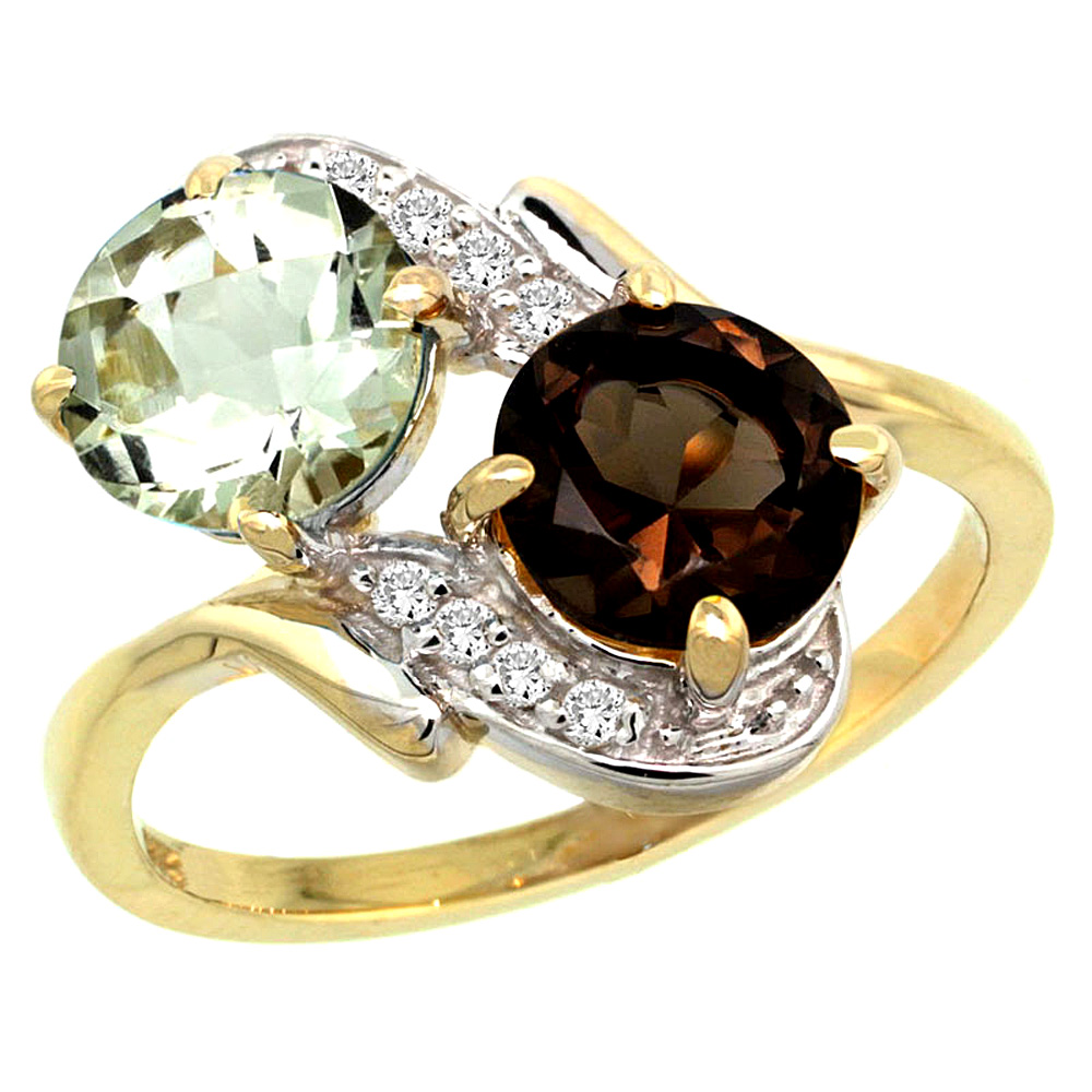 14k Yellow Gold Diamond Natural Green Amethyst & Smoky Topaz Mother's Ring Round 7mm, 3/4 inch wide, sizes 5 - 10