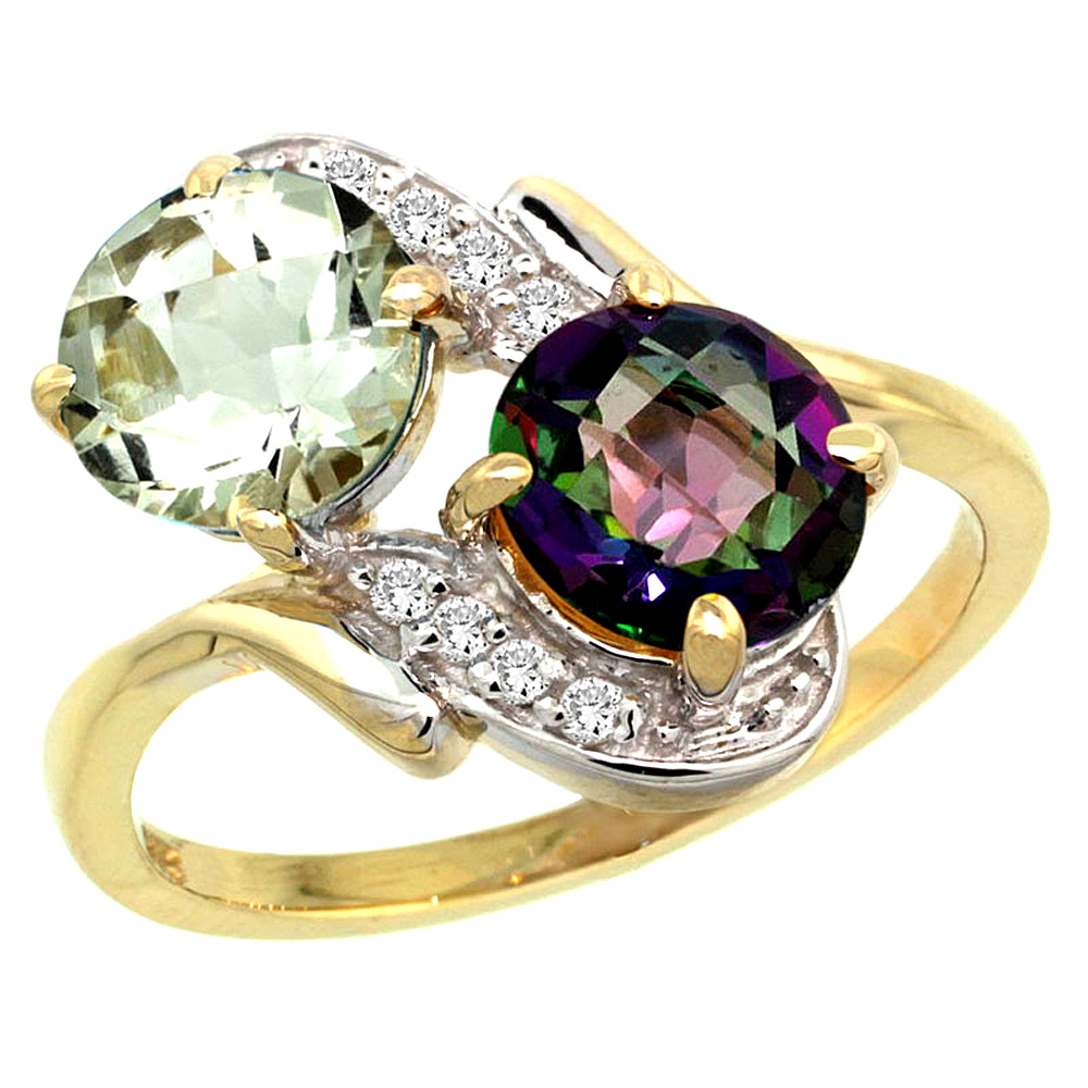 14k Yellow Gold Diamond Natural Green Amethyst &amp; Mystic Topaz Mother&#039;s Ring Round 7mm, 3/4 inch wide, sizes 5 - 10