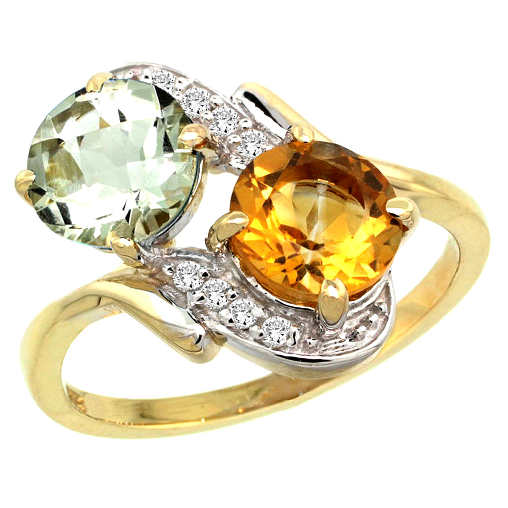 10K Yellow Gold Diamond Natural Green Amethyst & Citrine Mother's Ring Round 7mm, 3/4 inch wide, sizes 5 - 10