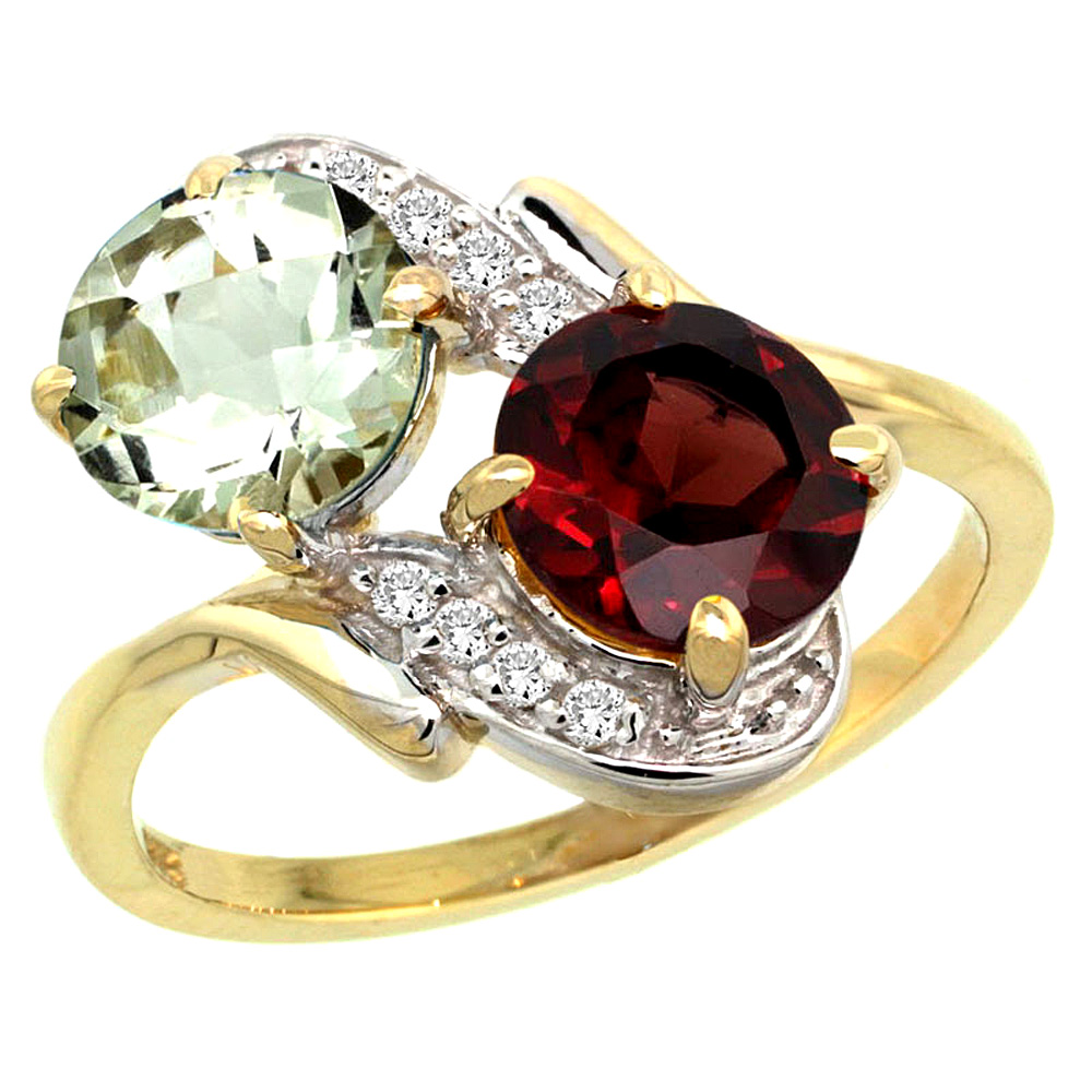 10K Yellow Gold Diamond Natural Green Amethyst & Garnet Mother's Ring Round 7mm, 3/4 inch wide, sizes 5 - 10