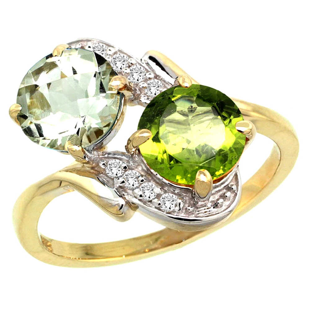14k Yellow Gold Diamond Natural Green Amethyst & Peridot Mother's Ring Round 7mm, 3/4 inch wide, sizes 5 - 10