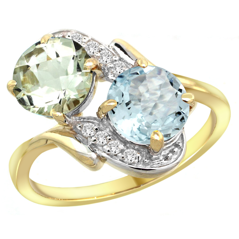 10K Yellow Gold Diamond Natural Green Amethyst & Aquamarine Mother's Ring Round 7mm, 3/4 inch wide, sizes 5 - 10