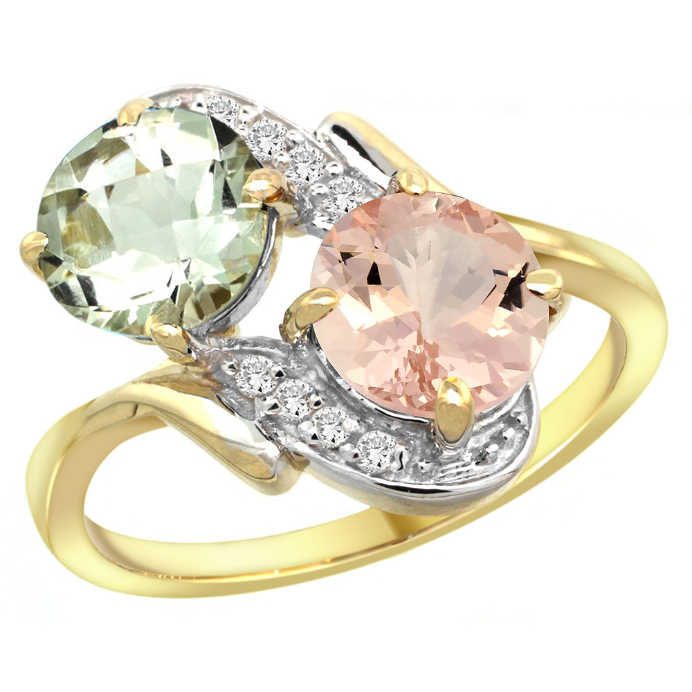 14k Yellow Gold Diamond Natural Green Amethyst & Morganite Mother's Ring Round 7mm, 3/4 inch wide, sizes 5 - 10