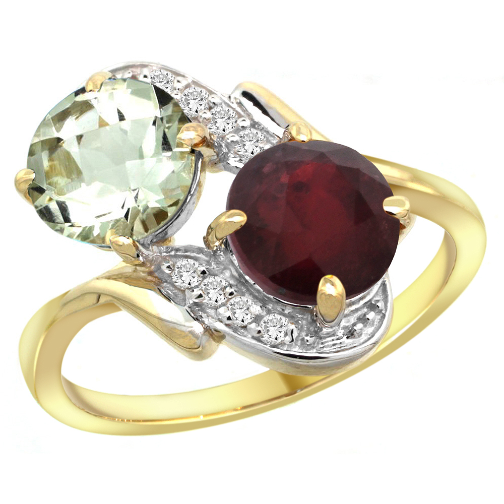 10K Yellow Gold Diamond Natural Green Amethyst &amp; Enhanced Genuine Ruby Mother&#039;s Ring Round 7mm, 3/4 inch wide, sizes 5 - 10