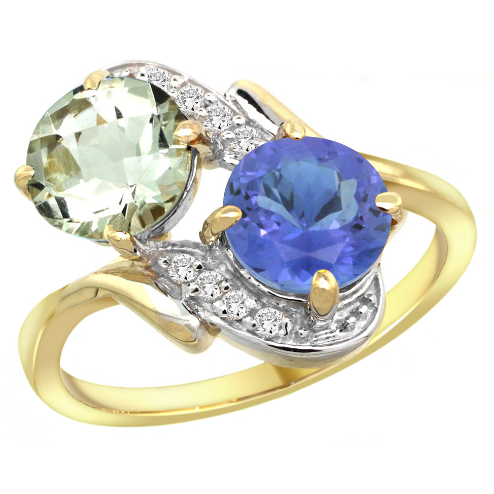 14k Yellow Gold Diamond Natural Green Amethyst &amp; Tanzanite Mother&#039;s Ring Round 7mm, 3/4 inch wide, sizes 5 - 10