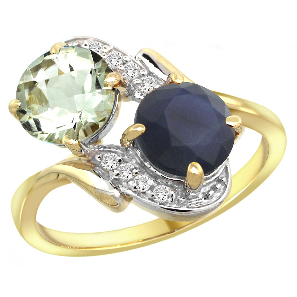 14k Yellow Gold Diamond Natural Green Amethyst &amp; Quality Blue Sapphire 2-stone Ring Round 7mm, size 5-10